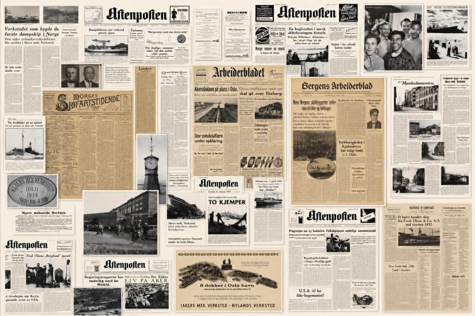Kollasj av gamle avisutklipp fra Aftenposten og Arbeiderbladet om Akers Mekaniske Verksted
