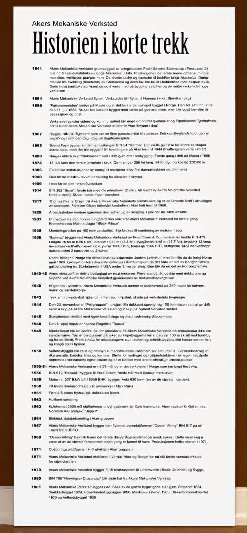 Plakat med tidslinjen «Historien i korte trekk» for Akers Mekaniske Verksted